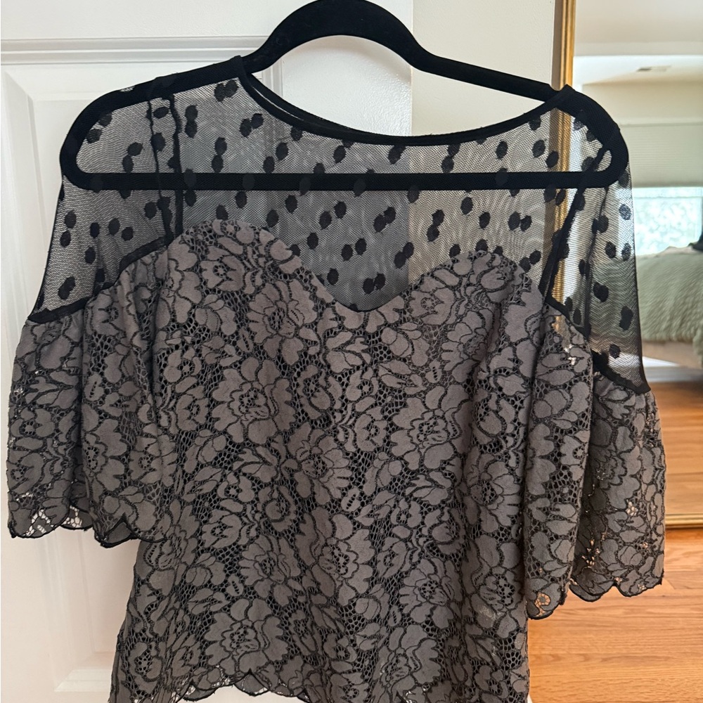 Black and gray polka dot floral top